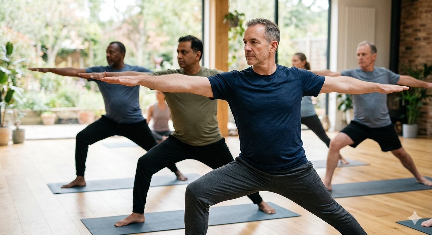 Group of mature men practising warrior pose in a yoga studio