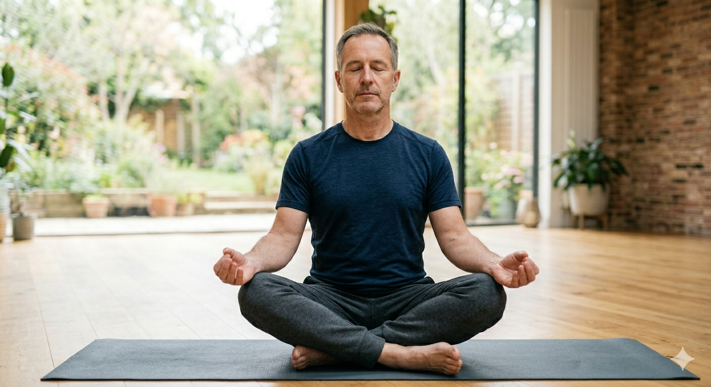 Mature man meditating in lotus pose in a bright private studio